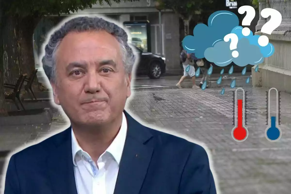 Roberto Brasero amb vestit i corbata apareix en primer pla, mentre que al fons s'observa un carrer mullat per la pluja, amb persones caminant sota paraigües i gràfics de núvols, gotes de pluja i termòmetres.