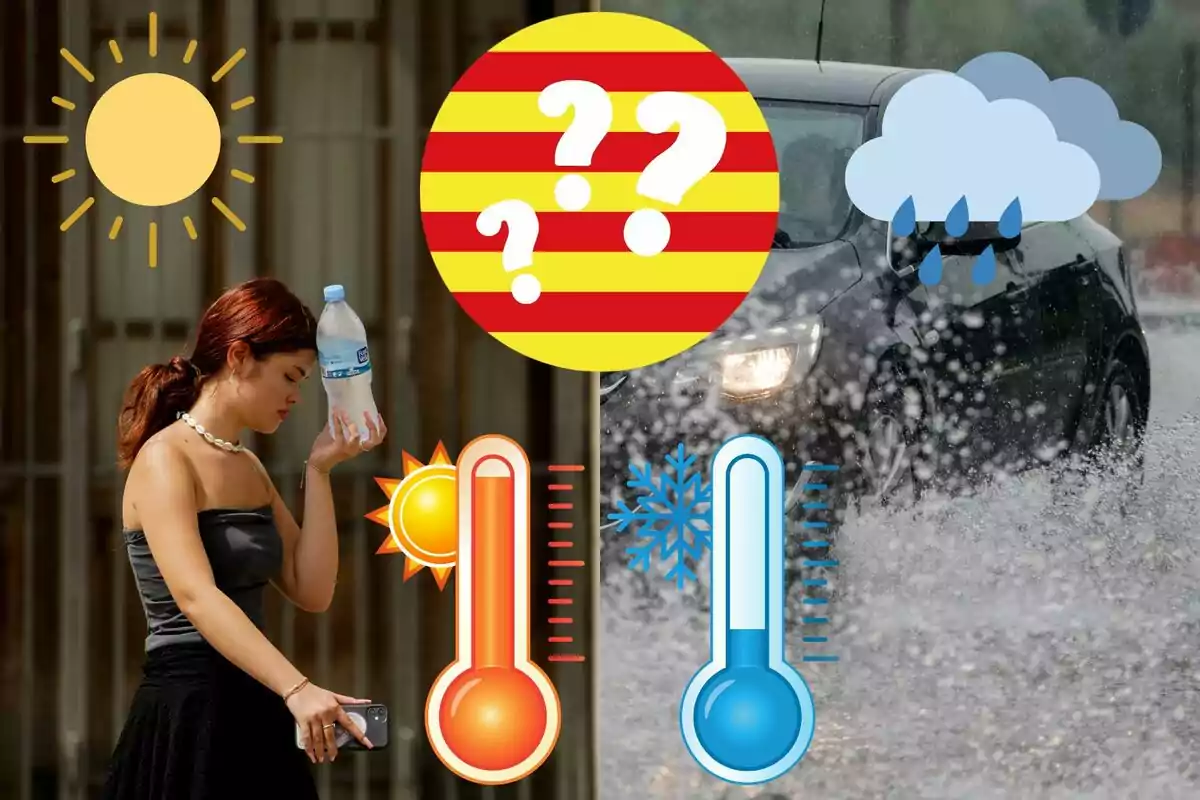 Una dona sosté una ampolla daigua en un dia assolellat i calorós, mentre que a la dreta es mostra un cotxe sota la pluja amb un termòmetre indicant temperatures fredes.