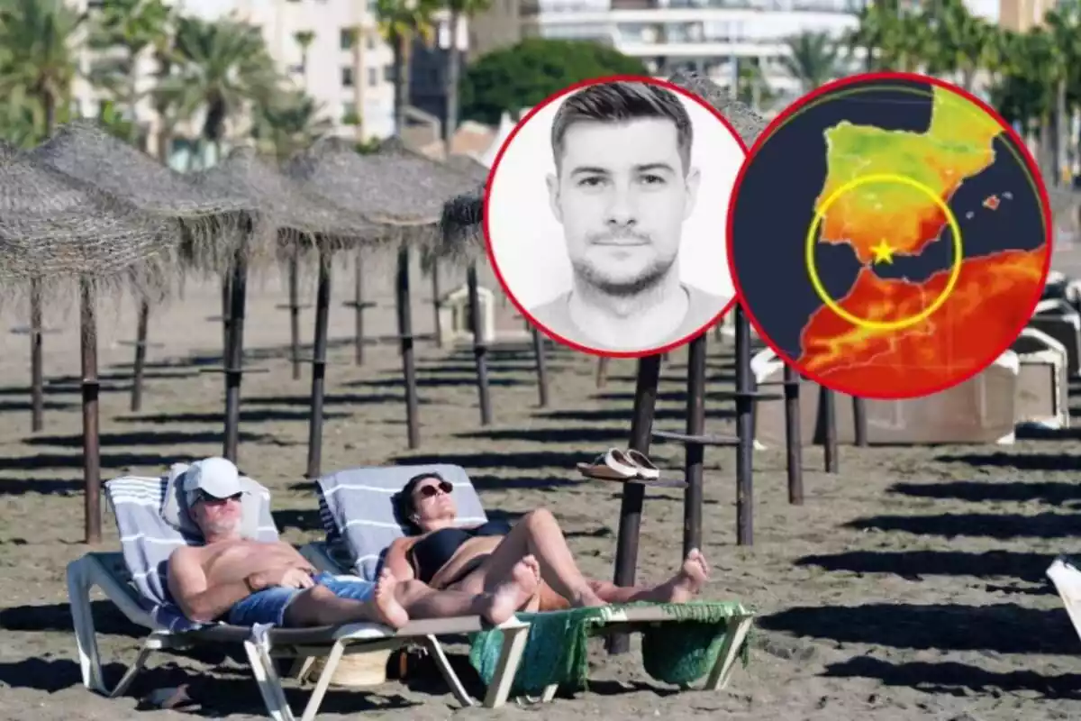 Dues persones prenen el sol a una platja, amb una imatge de Scott Duncan i un mapa d'Espanya destacant Màlaga