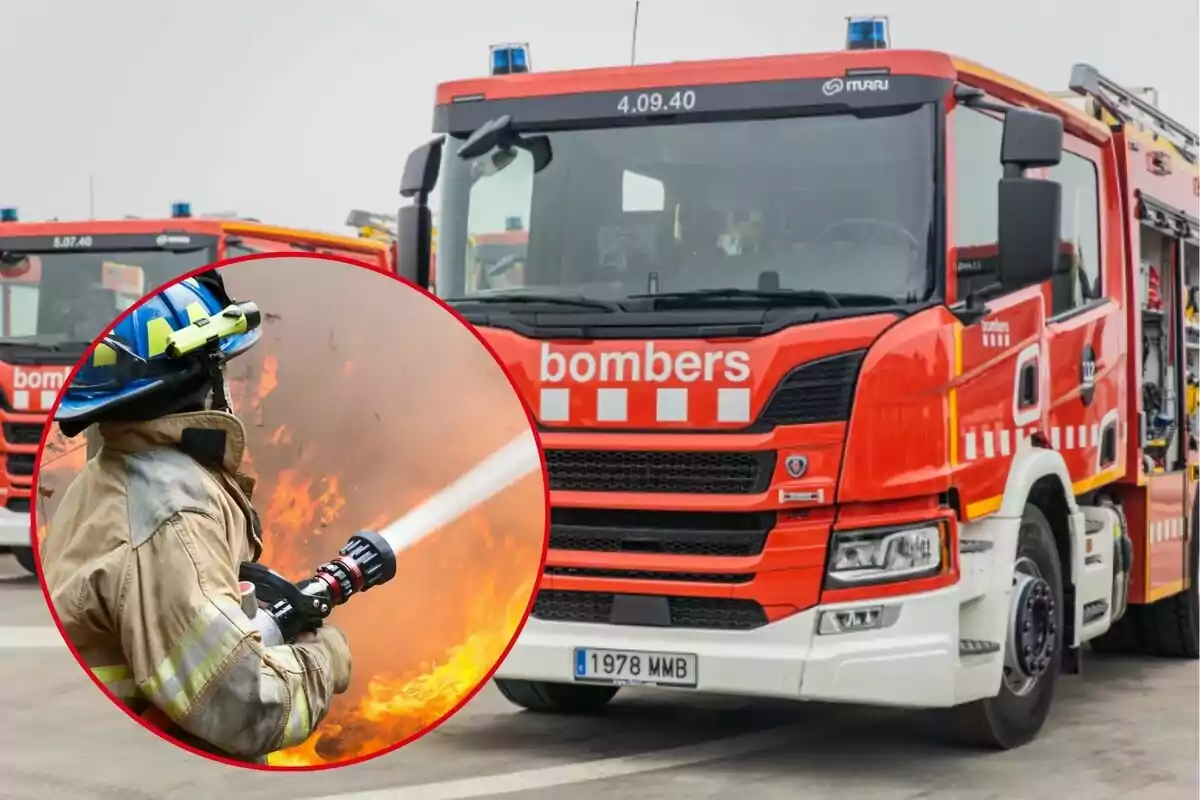 Un camió de bombers vermell estacionat amb un bomber en acció apagant un incendi en un requadre circular.