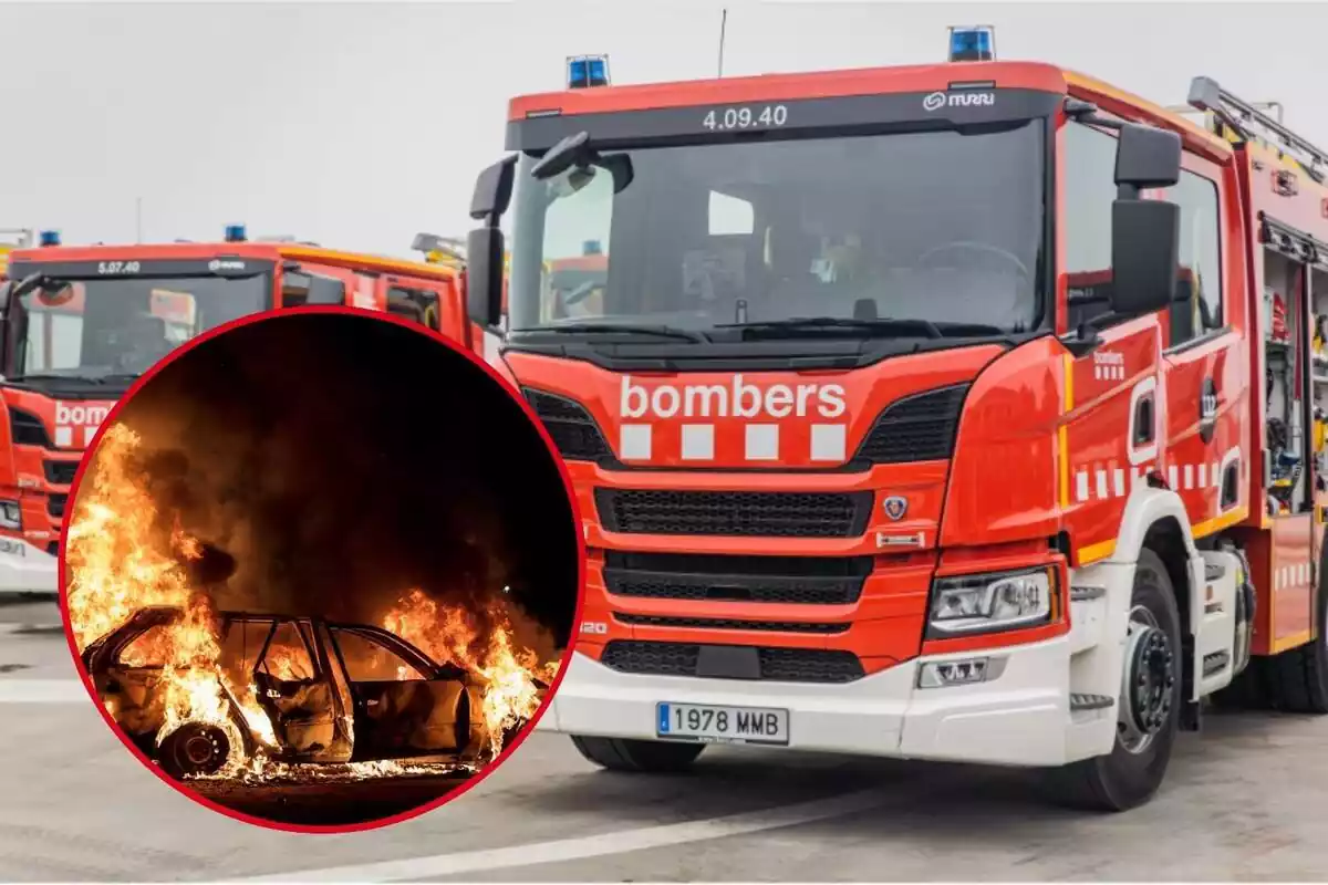 Muntatge d´uns camions de bombers i un cotxe incendiat