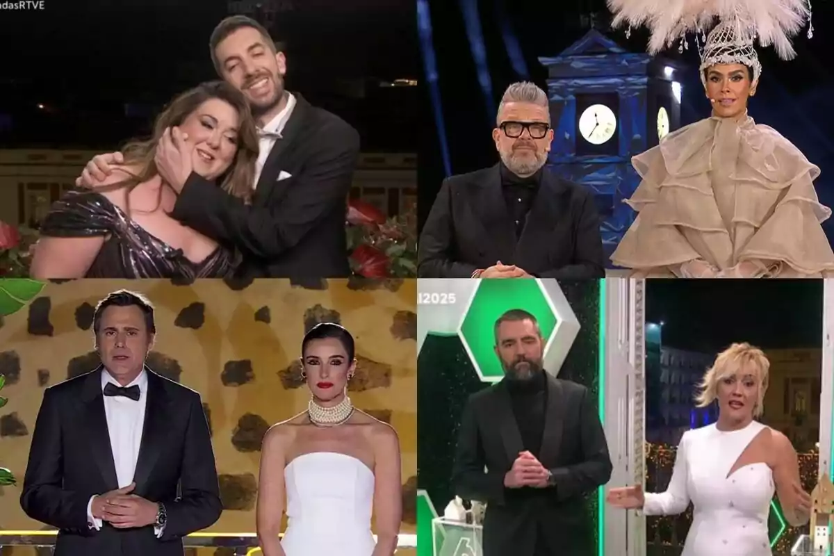 Collage amb els presentadors de les Campanades 2024-2025: David Broncano i Lalachus a La 1, Cristina Pedroche i Alberto Chicote a Antena 3, Ion Aramendi i Blanca Romero a Telecinco i Cristina Pardo i Dani Mateo a laSexta.