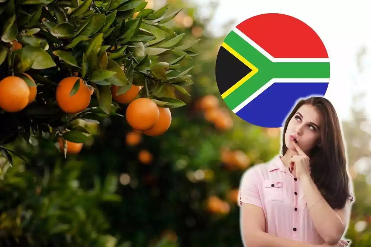 Una mujer pensativa junto a un árbol de naranjas con la bandera de Sudáfrica en el fondo.