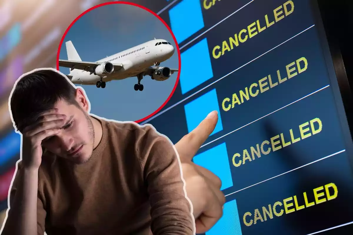 Una persona assenyala una cancel·lació en un panell de l'aeroport, amb un lamentant-se, i al cercle, un avió a l'aire