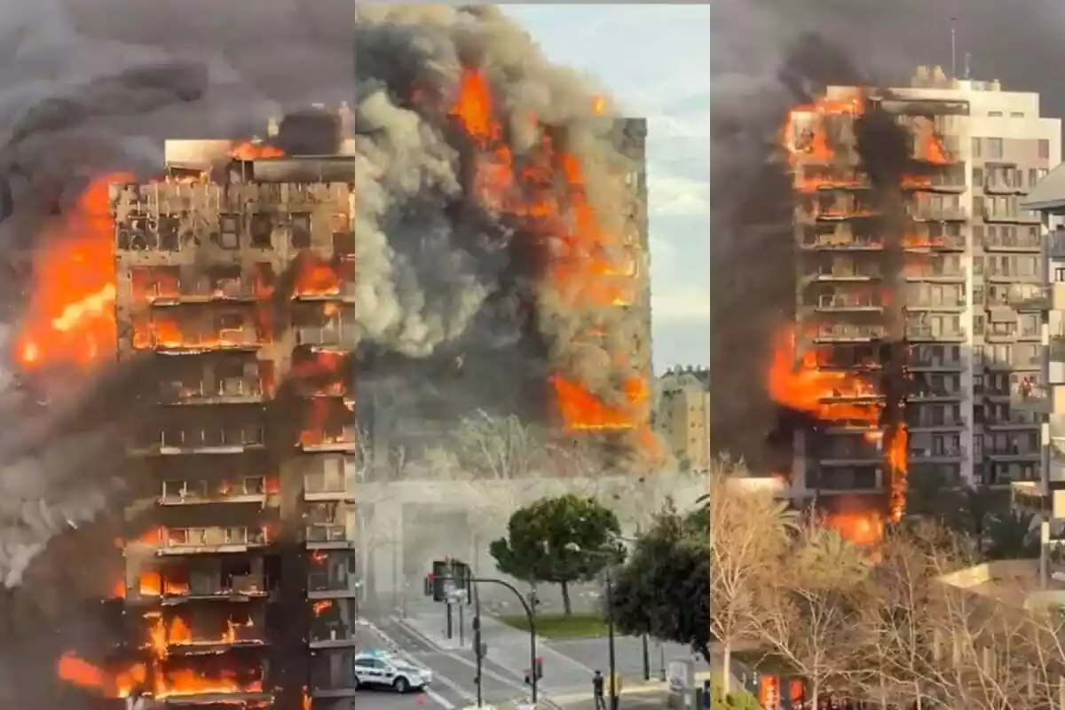 Muntatge amb diverses captures de l'incendi de grans dimensions a l'edifici del barri de Campanar a València