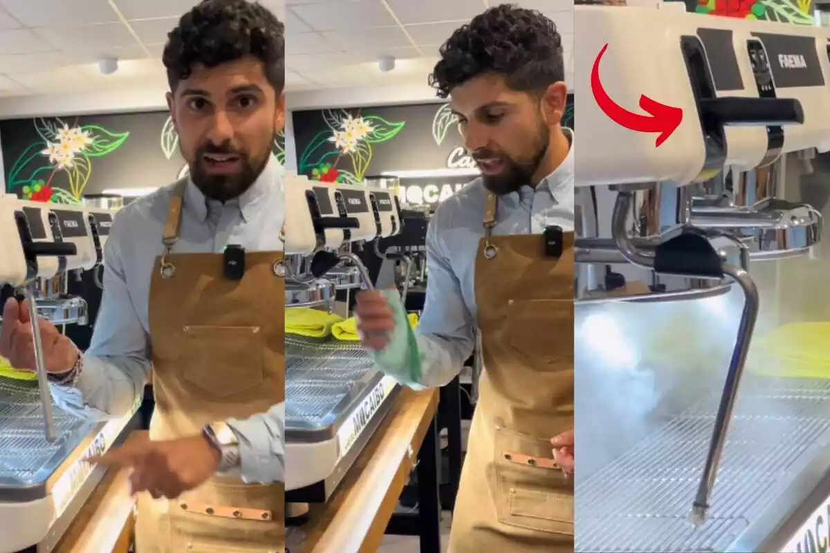 Muntatge d'imatges d'un barista mostrant com netejar una llança de vapor d'una màquina de cafè