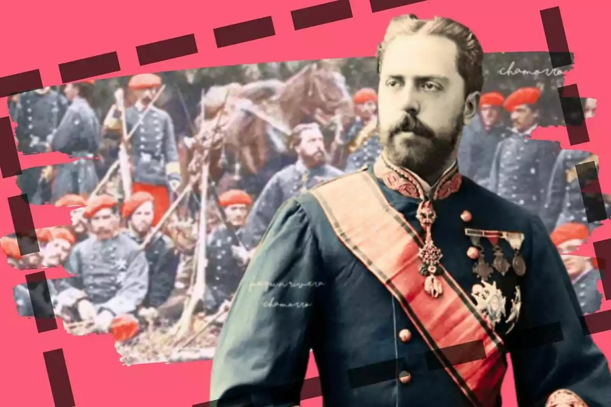 L'aspirant carlí Carles VII amb uniforme militar i medalles al pit apareix en primer pla, mentre que al fons s'observa un grup de soldats amb boines vermelles, tot sobre un fons rosa amb detalls gràfics.