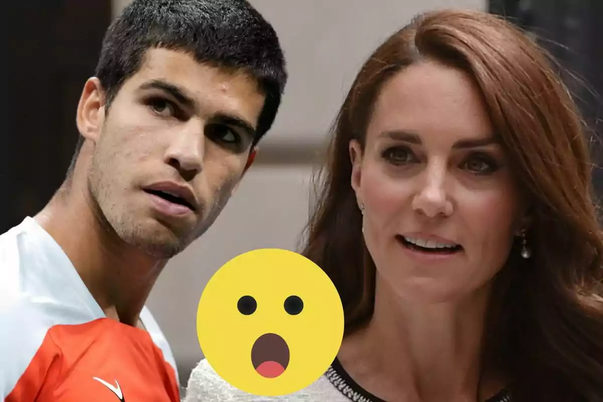 Carlos Alcaraz i Kate Middleton mirant en adreces oposades amb un emoji sorprès al centre.