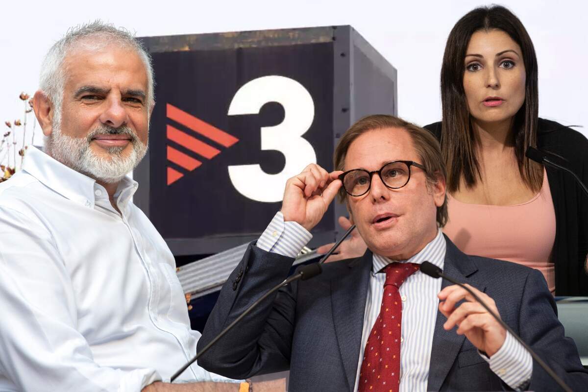Muntatge de Carlos Carrizosa, Joan Garriga i Lorena Roldán al costat del logotip de TV3
