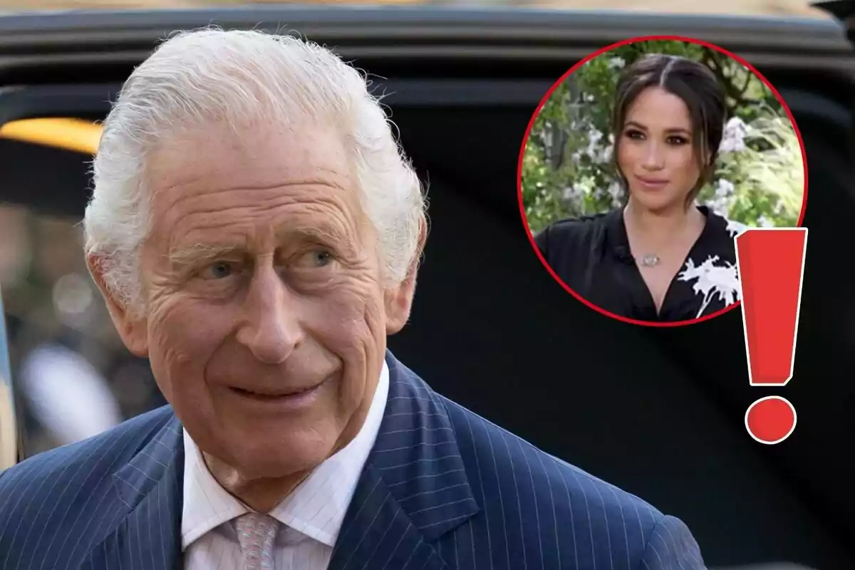 Carles III amb cabell canós i vestit a ratlles, amb Meghan Markle en un cercle vermell a la cantonada superior dreta de la imatge.