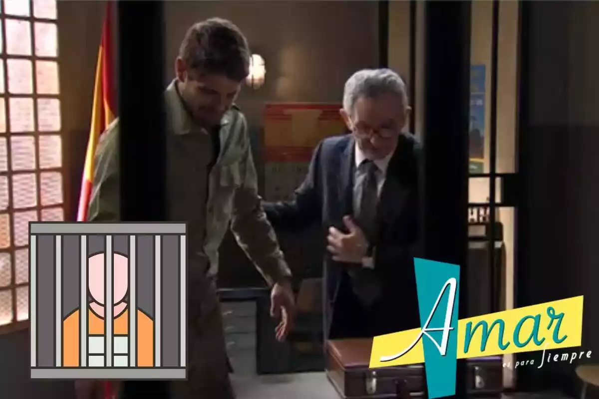 Muntatge de Carlos i Quintero d''Amar es para siempre' a la presó, el logo de la sèrie i una presó