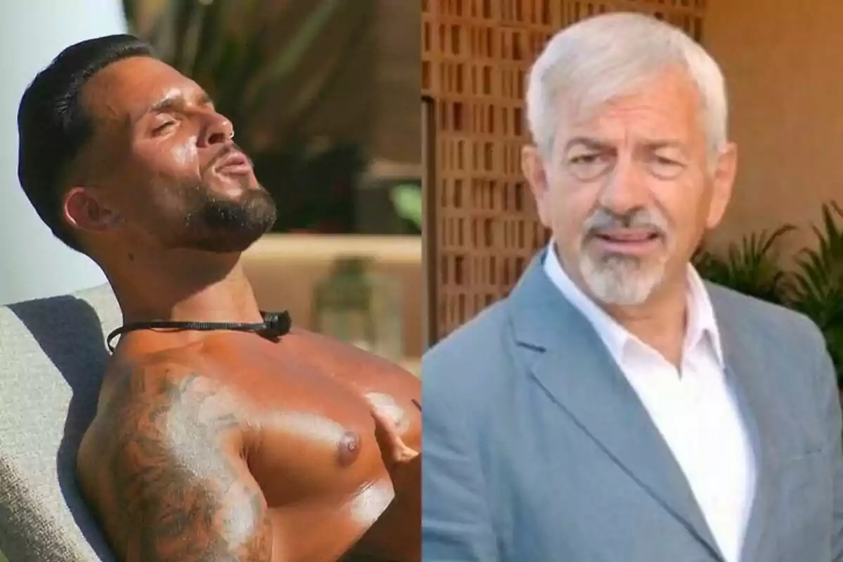 Muntatge d'homes, un de jove i bronzejat amb tatuatges al braç esquerre, i Carlos Sobera major amb cabell canós i barba, tots dos a First Dates Hotel