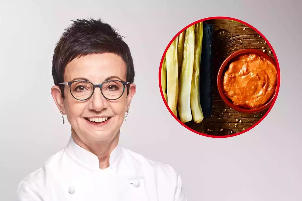 Muntatge amb Carme Ruscalleda somrient vestida de cuinera, calçots i la salsa en un pot