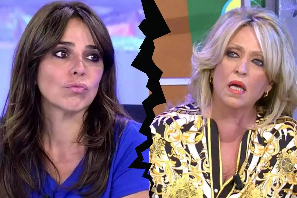 Muntatge de Carmen Alcayde enfadada mirant de banda amb una samarreta blava, Lydia Lozano sorpresa amb una camisa groga, blanca i negra i una esquerda al mig