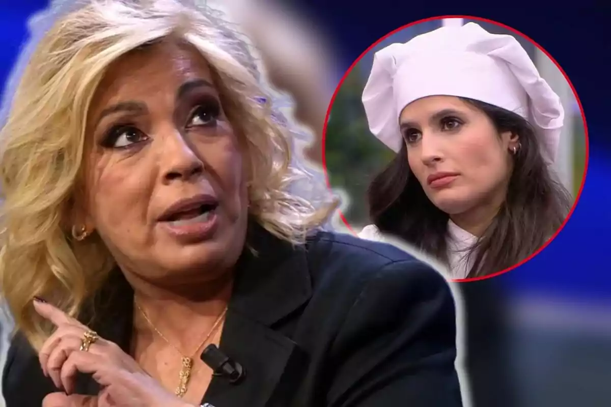 Carmen Borrego rubia con expresión seria en primer plano y María Sánchez con gorro de chef en un círculo rojo al fondo.