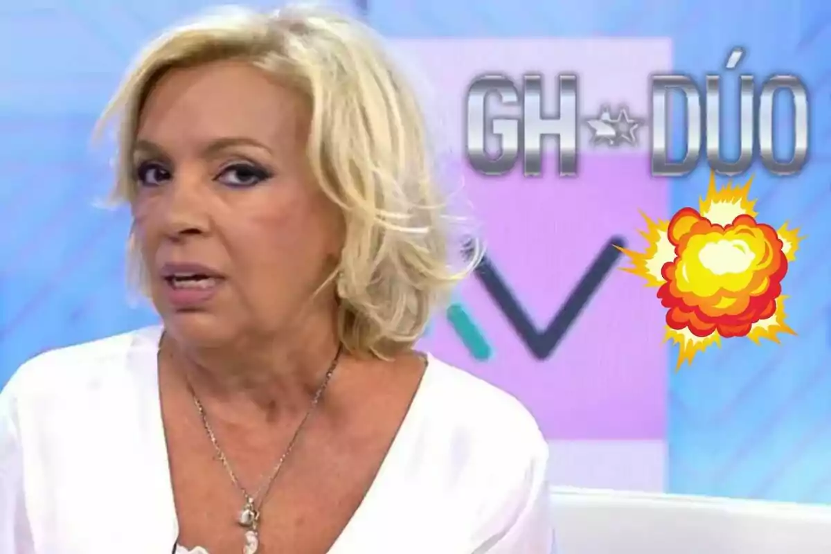 Carmen Borrego de cabello rubio en un programa de televisión con el logo de "GH DÚO" y un gráfico de explosión al lado.