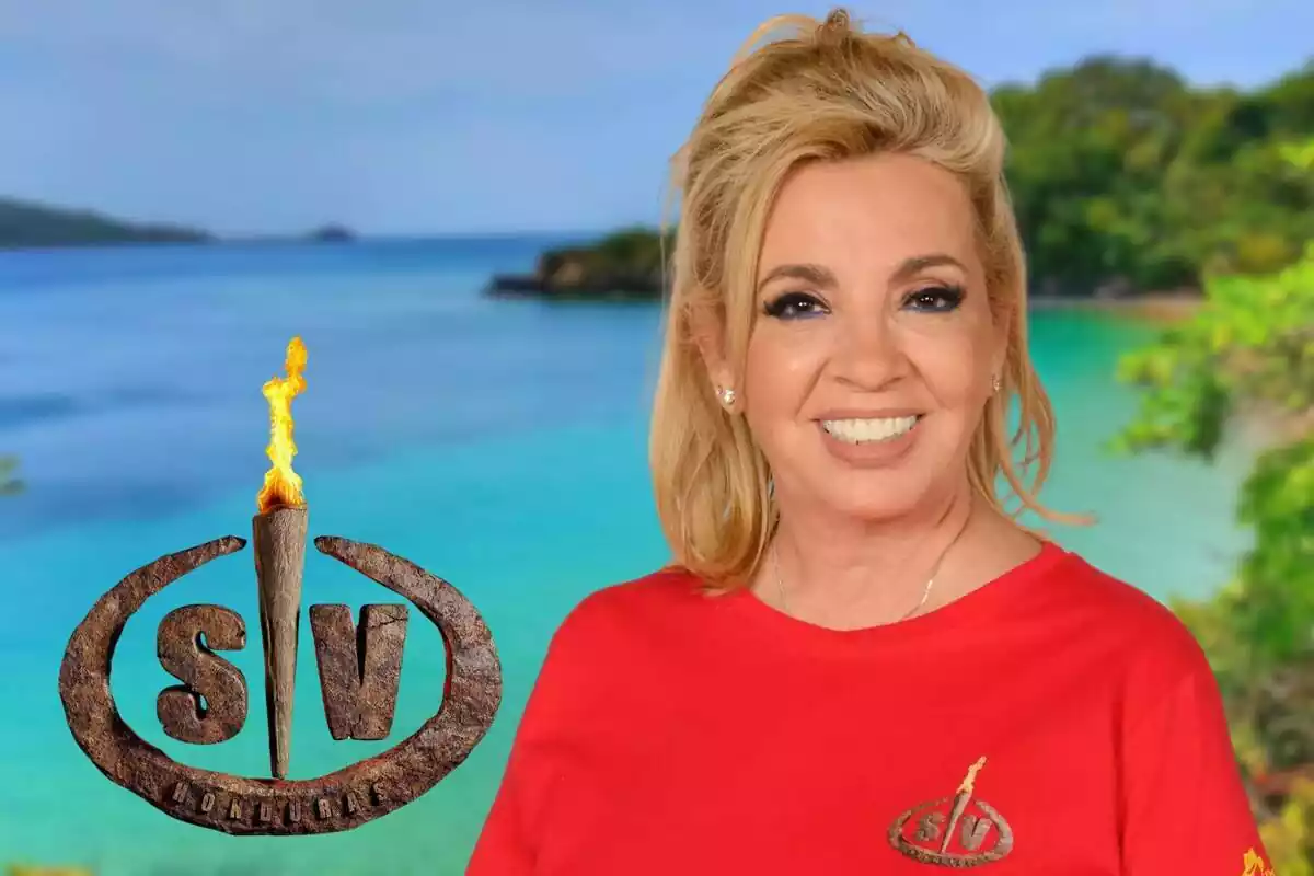 Muntatge de Carmen Borrego amb el logo de Supervivientes i una illa de fons