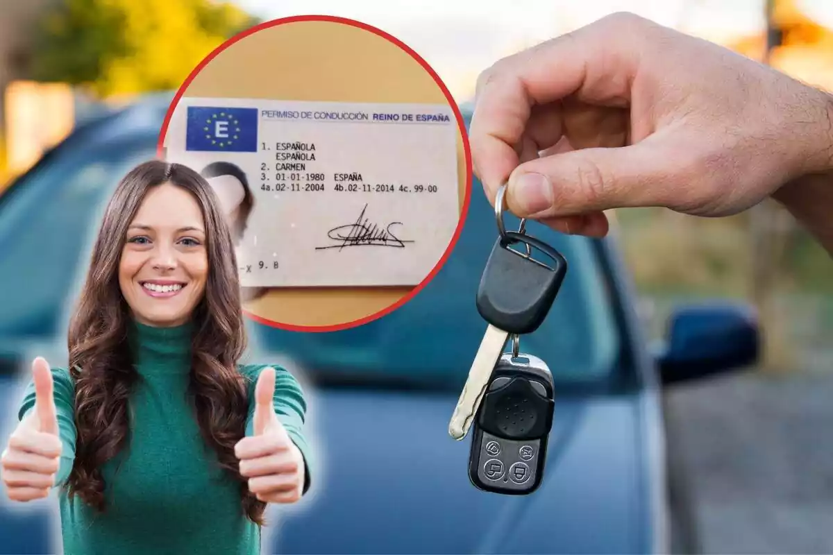 Una persona ensenya les claus d'un cotxe, mentre que una noia somriu amb els polzes enlaire i al cercle, un carnet de conduir