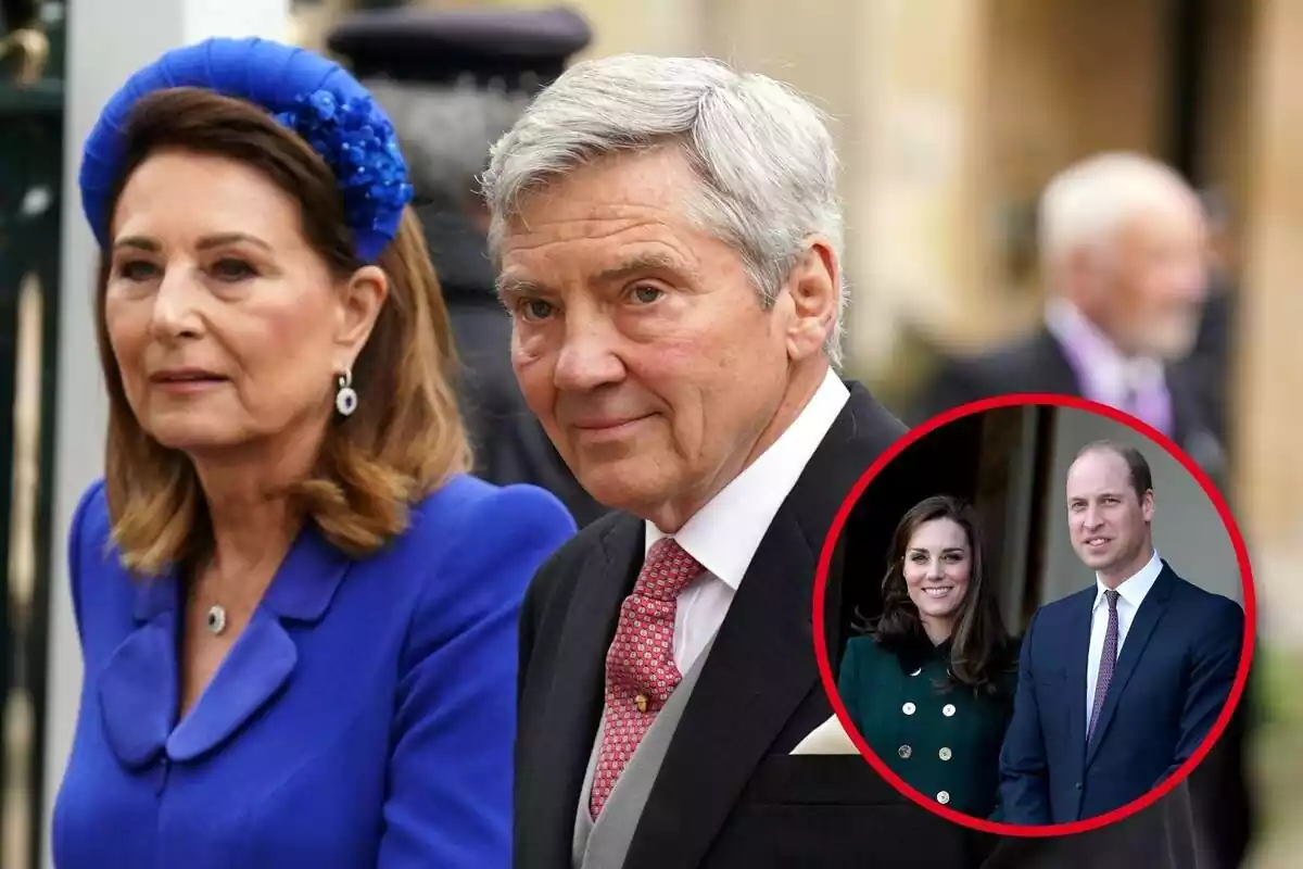 Muntatge de Carol Middleton amb una diadema blava amb Michael Middleton amb corbata vermella i Kate Middleton amb jaqueta verda amb el príncep Guillem en vestit