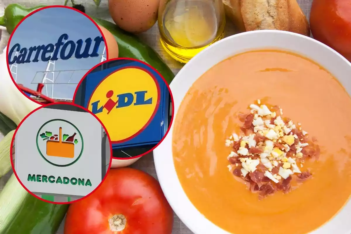 Muntatge amb un plat de salmorejo i els ingredients al costat, i tres cercles amb el logotip de Carrefour, Lidl i Mercadona