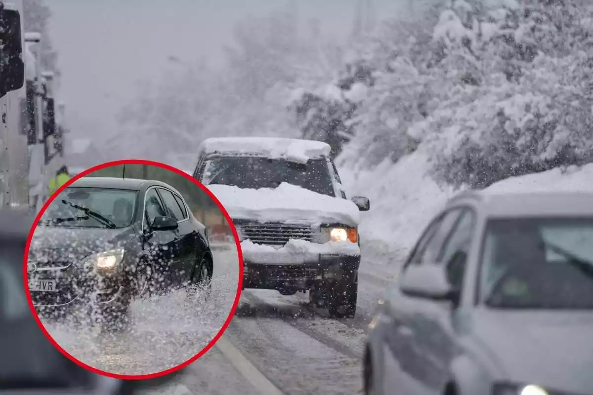 Montaje de una carretera llena de nieve con los coches con nieve encima y un coche salpicando agua al pasar