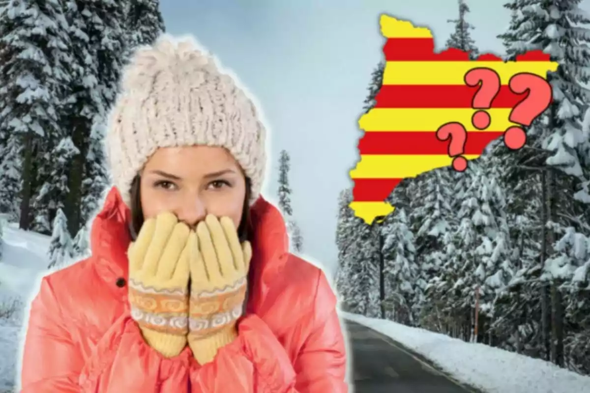 Una persona abrigada amb guants i gorra en un paisatge nevat amb un mapa de Catalunya i signes d'interrogació.