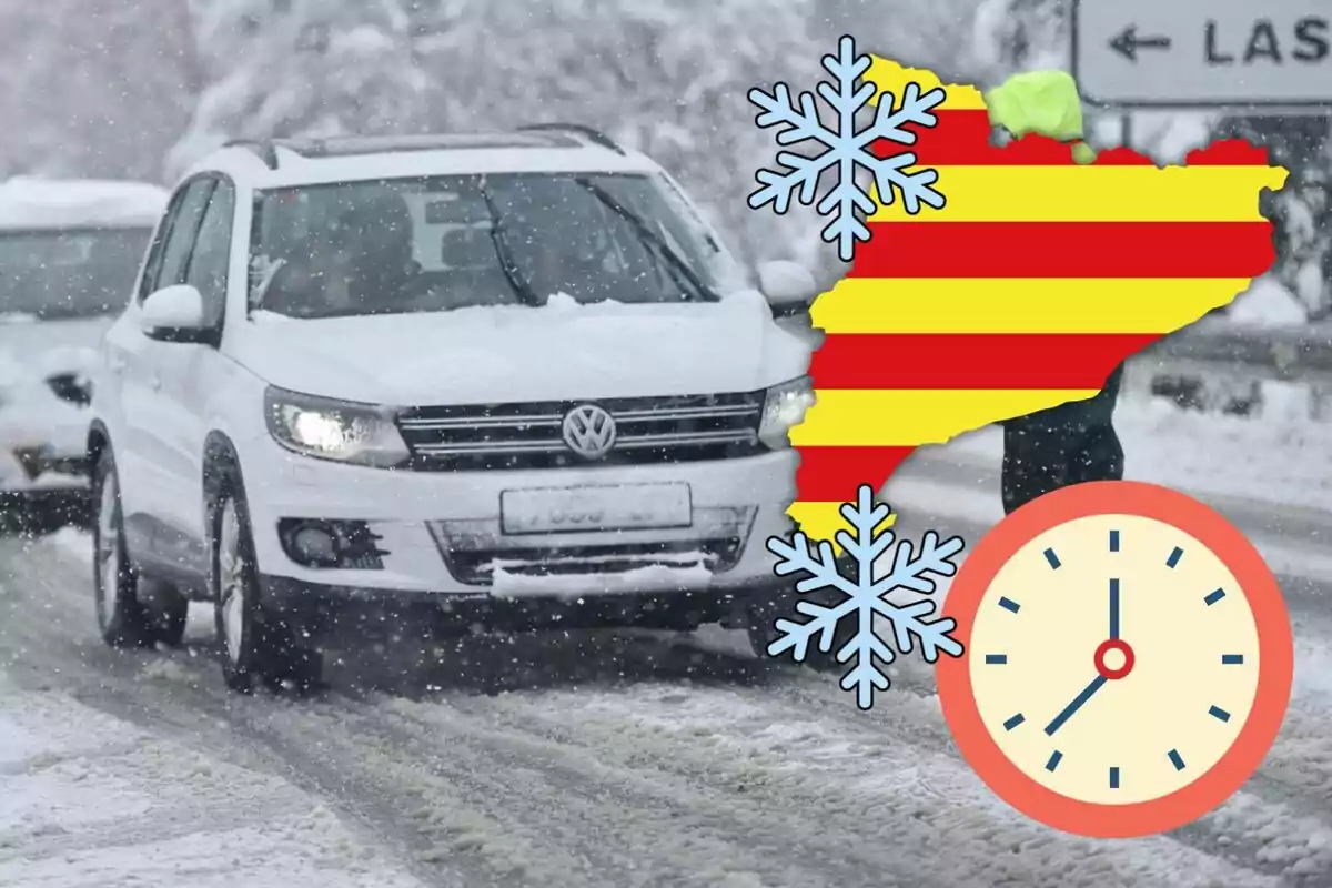 Un coche blanco circula por una carretera nevada con un mapa de Cataluña, un copo de nieve y un reloj superpuestos en la imagen.