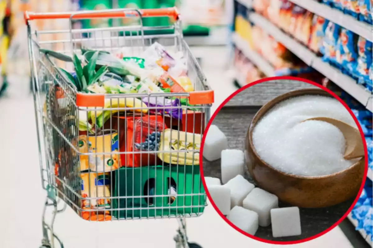 Muntatge amb un carretó de la compra ple de productes al passadís d'un supermercat i un cercle amb un bol amb sucre blanc