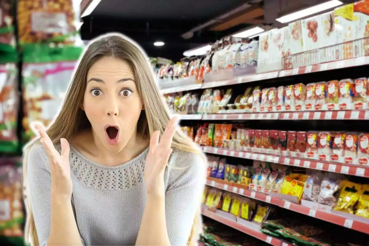 Muntatge amb un supermercat de fons i una dona amb cara de sorpresa