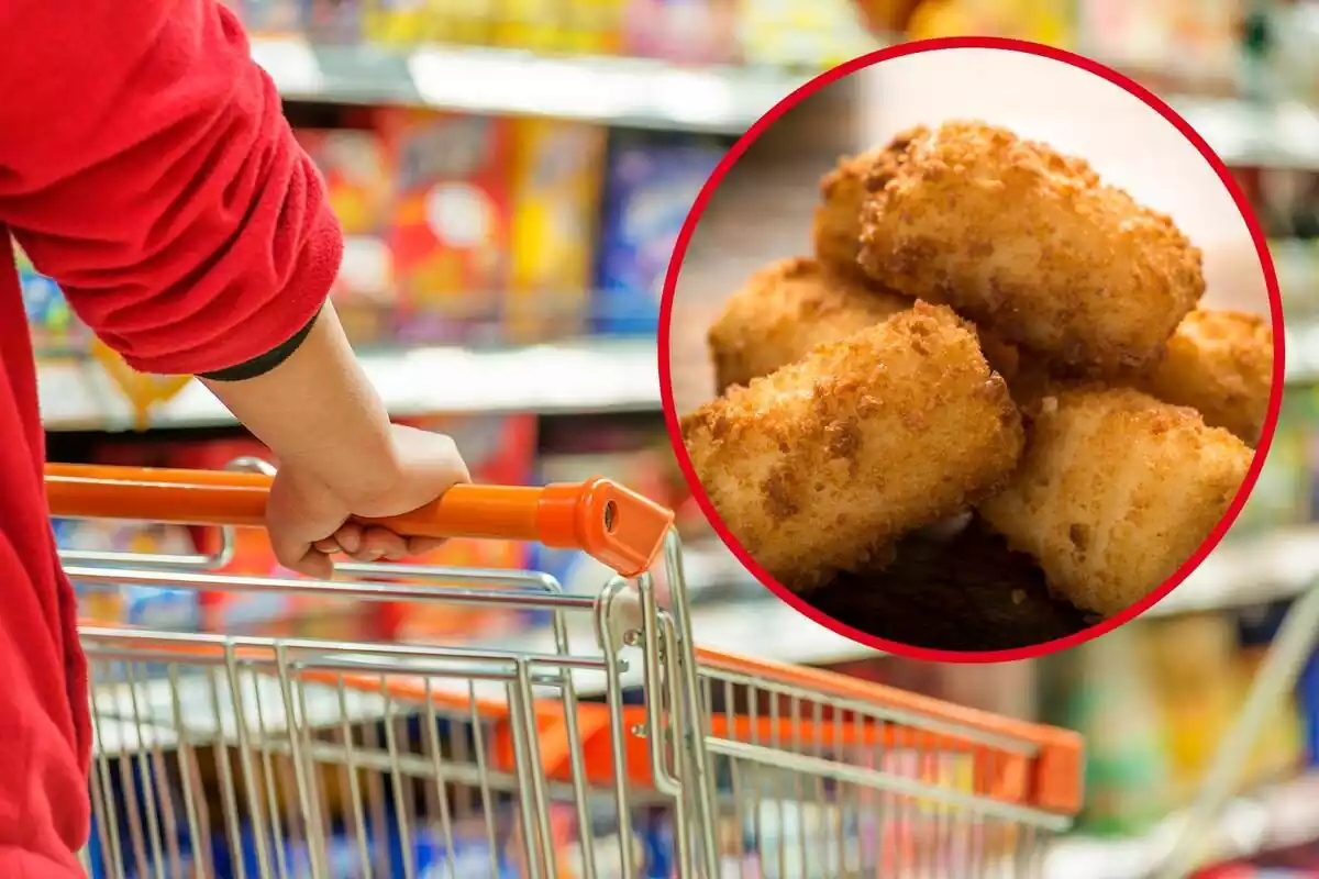 Muntatge amb una persona amb un carretó en un supermercat i un cercle amb cinc croquetes amuntegades