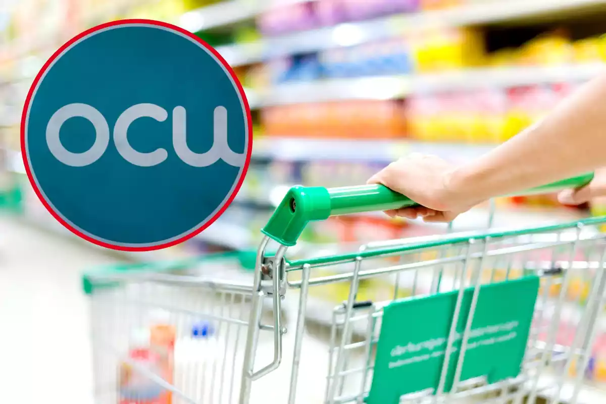 Muntatge amb una persona agafant un carretó al passadís d'un supermercat i un cercle amb el logo de l'OCU