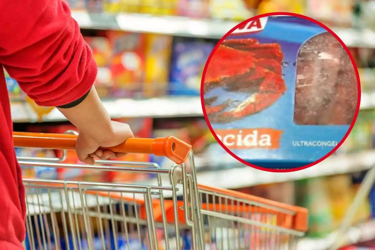 Muntatge amb una persona agafant un carretó en un supermercat i un cercle amb el paquet de nècores congelades de la marca Pescanova