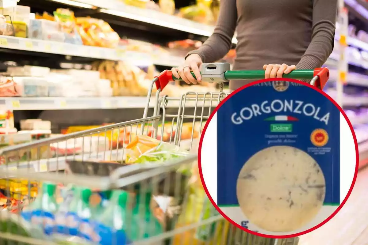 Muntatge amb un carret de supermercat ple de productes i un cercle amb el formatge gorgonzola de la marca Cucina Nobile