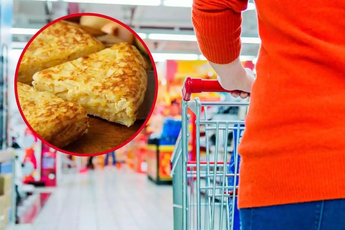 Muntatge amb una persona amb un carretó en un supermercat i un cercle amb un tros de truita de patates