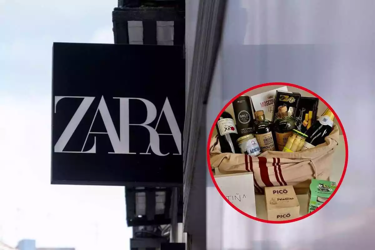 Muntatge de fotos d´un cartell exterior de Zara i una imatge d´un lot de productes