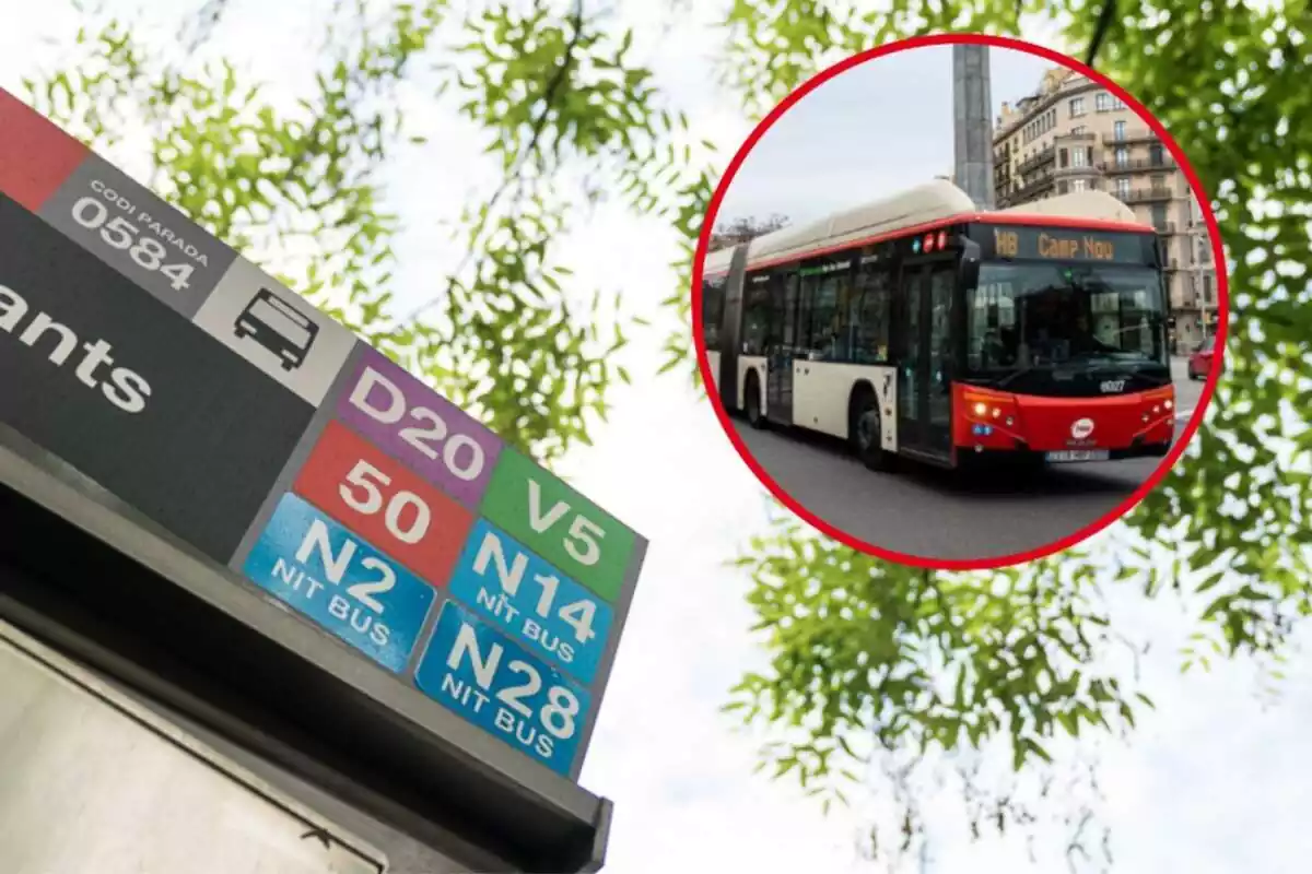 Muntatge amb un cartell de les línies d'autobús de Barcelona i un autobús circulant