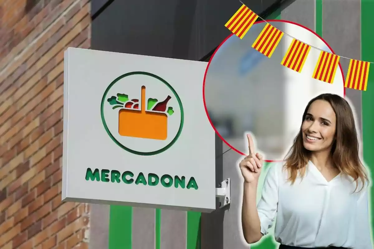 Un cartel de Mercadona en una pared de ladrillo con una mujer sonriendo y señalando hacia arriba, junto a una guirnalda de banderas con rayas amarillas y rojas.