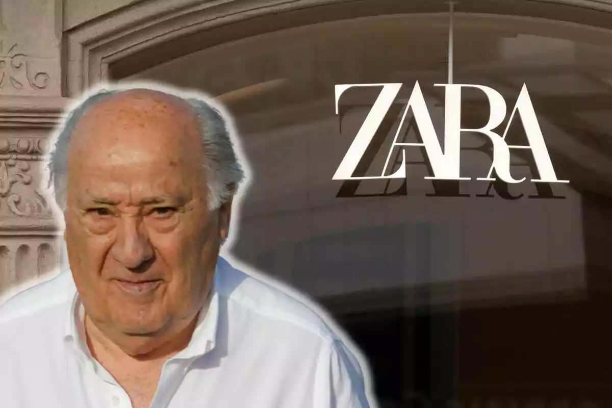 Amancio Ortega amb camisa blanca davant d'una botiga de Zara.