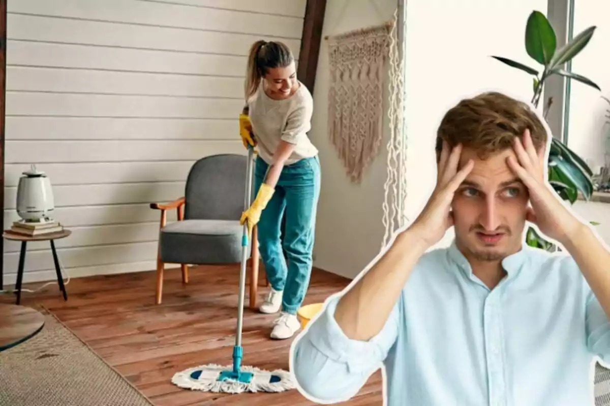 Una dona netejant el terra amb un pal de fregar mentre un home es mostra estressat en primer pla.