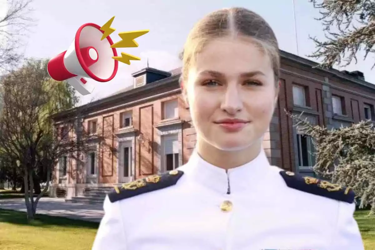 Leonor man in a white military uniform in front of a brick building with a megaphone illustrated in the upper left corner