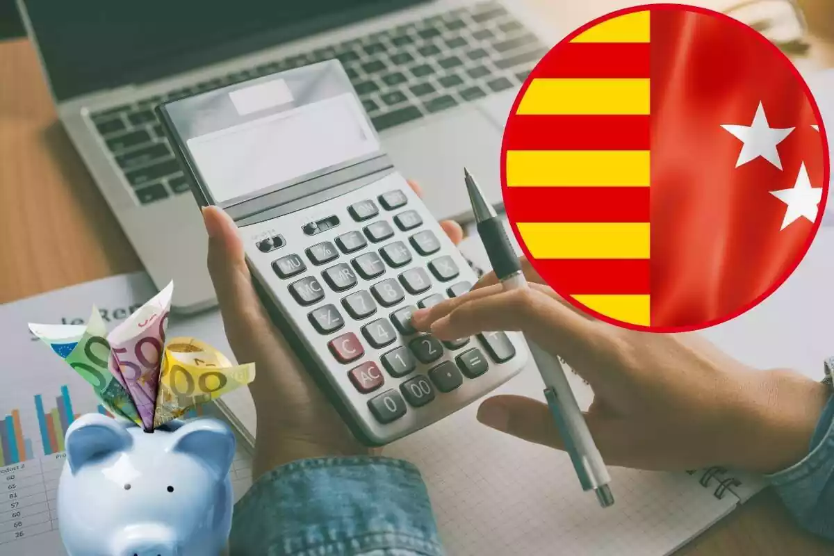 Muntatge de mans usant una calculadora al costat d'una guardiola d'estalvis i cercles amb les banderes de Catalunya i la Comunitat de Madrid
