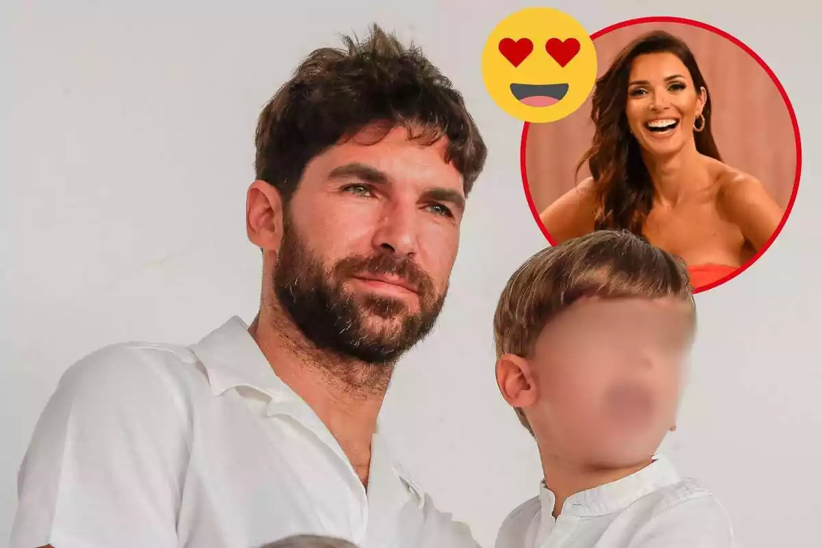 Muntatge de Cayetano Rivera amb el seu fill en camises blanques, María Cerqueira somrient i un emoji enamorat