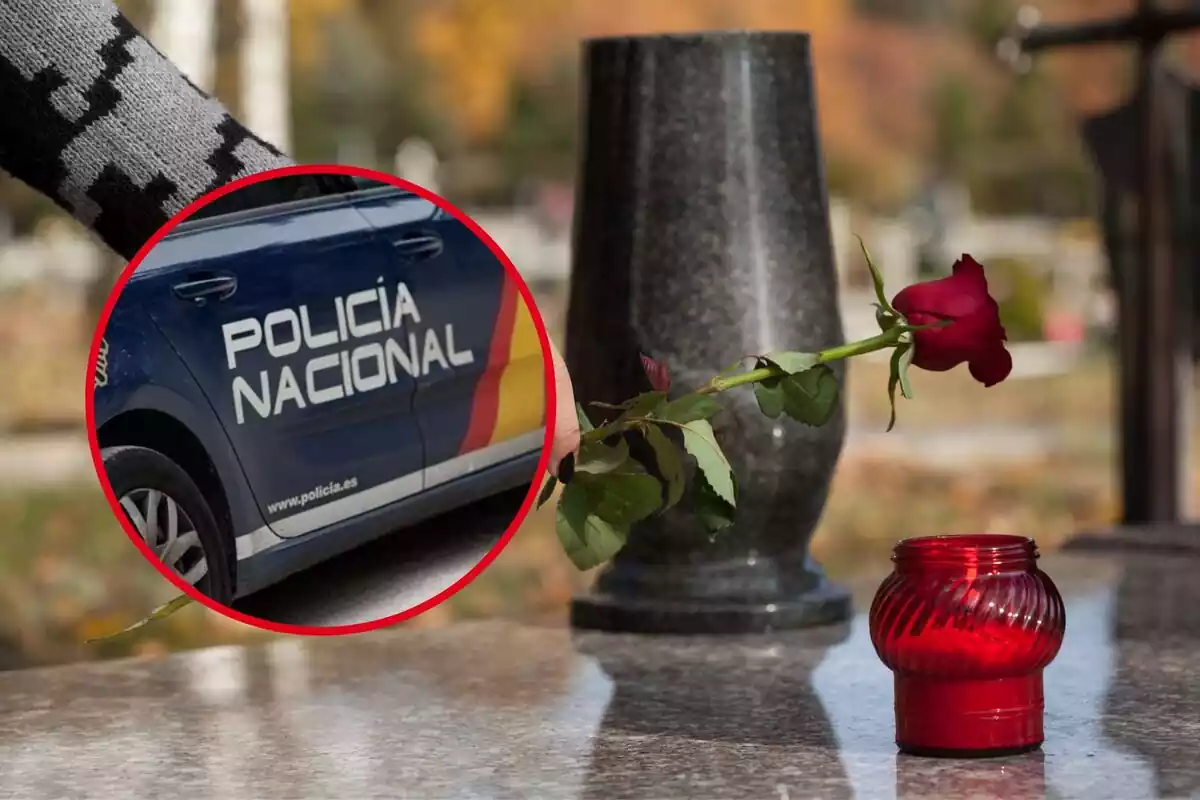 Muntatge amb un cotxe de la policia nacional i una dona deixant una rosa en una tomba