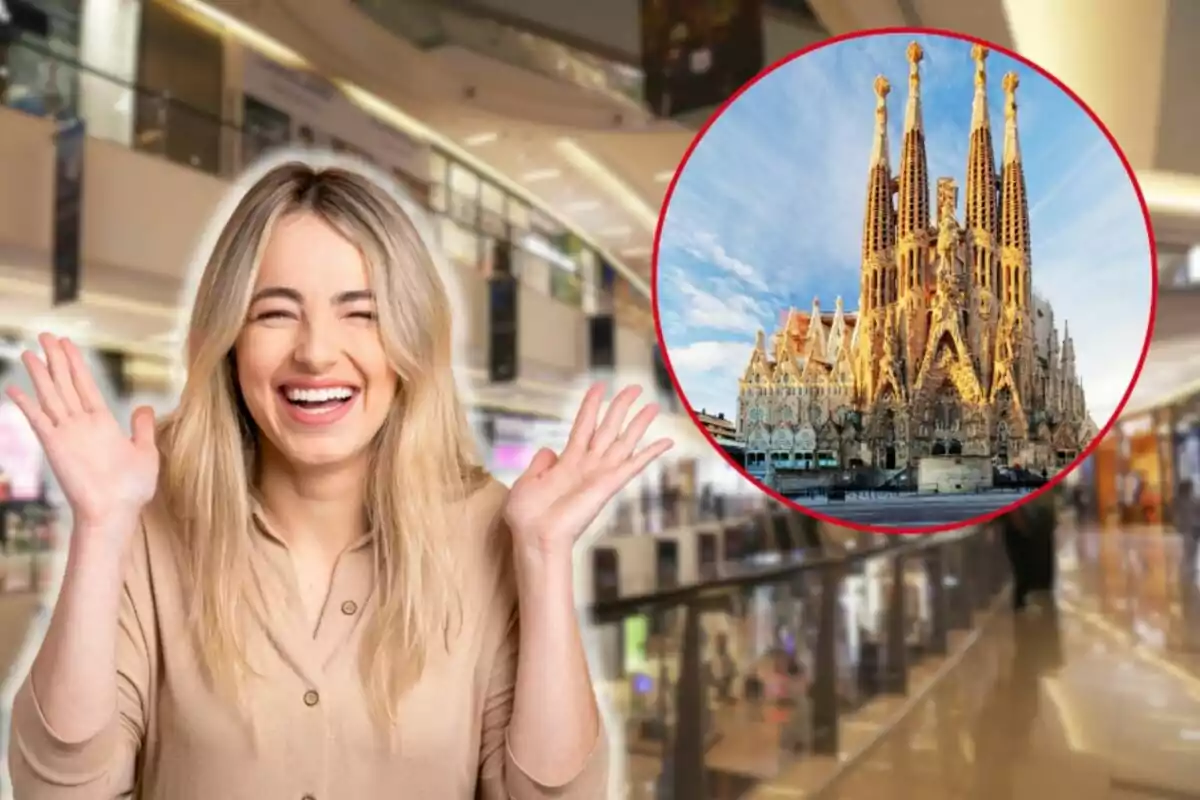 Una mujer sonriente con las manos levantadas en un centro comercial y una imagen circular de una catedral famosa en el fondo.