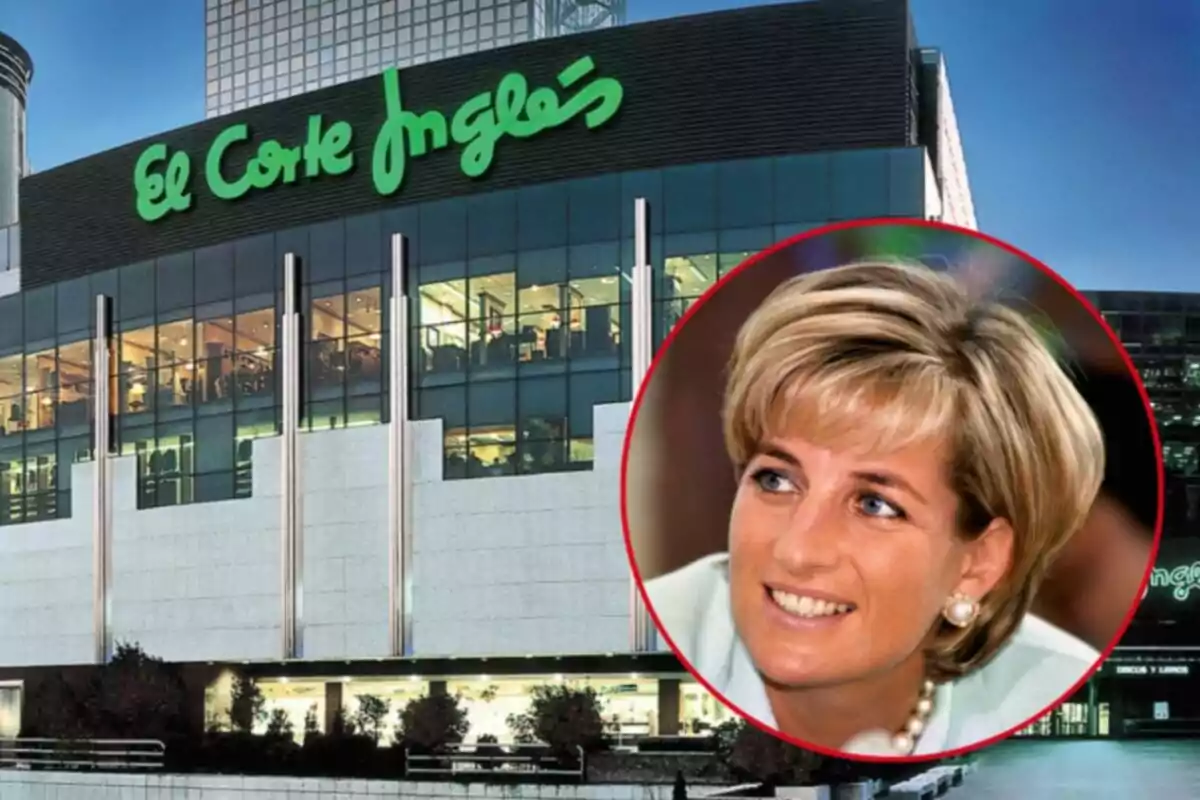 An image of the El Corte Inglés facade with a box showing Lady Di smiling.