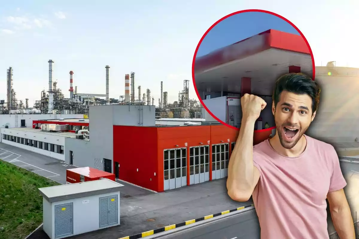 Una planta industrial al fons, amb un home fent un gest de felicitat, i al cercle, la imatge de Cepsa difuminada