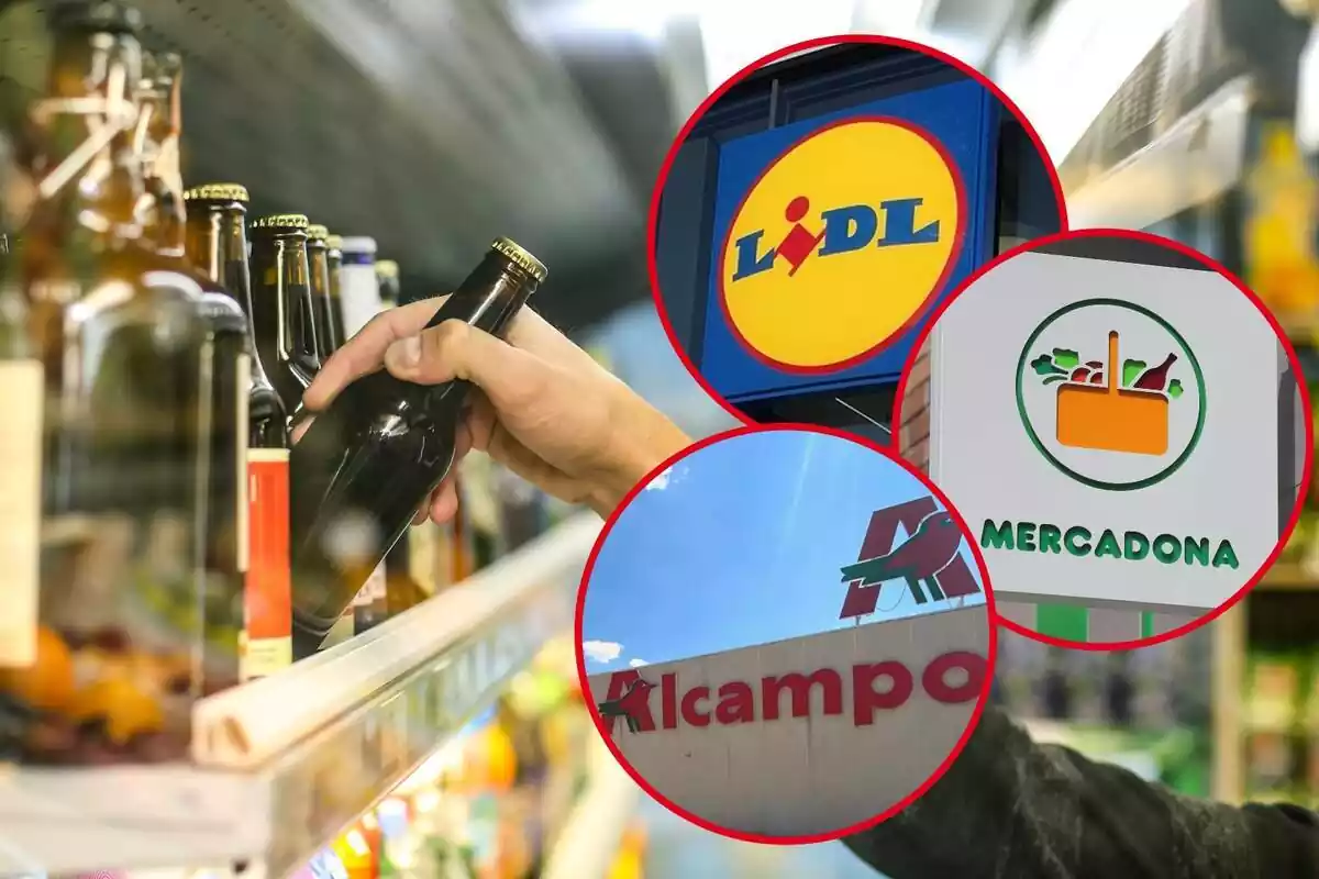 Muntatge amb una persona agafant una cervesa del prestatge d'un supermercat i tres cercles amb els logos de Lild, Mercadona i Alcampo