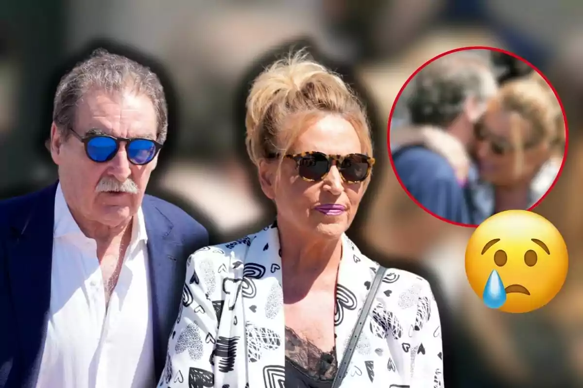 Charly and Lydia Lozano with sunglasses appear in the foreground while a blurry image of them hugging is shown in a red circle, and a sad emoji with a tear is superimposed.