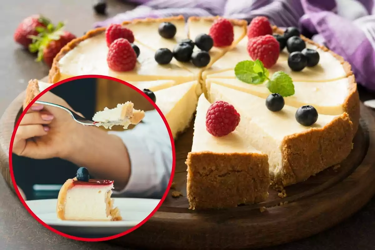 Muntatge amb un pastís de formatge amb fruits vermells i un cercle amb una persona menjant un tros de cheesecake