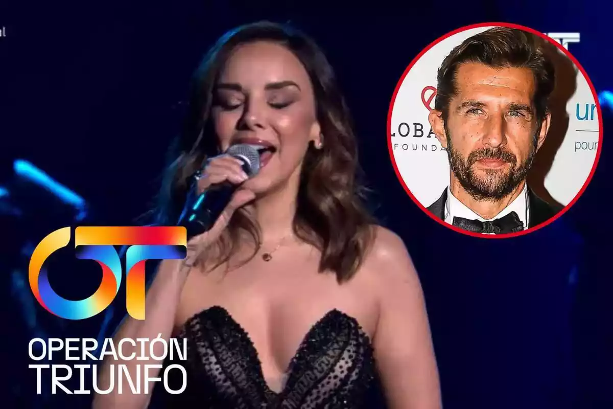 Muntatge d''Operación Triunfo' amb Chenoa cantant amb els ulls tancats, Miguel Ángel Encinas somrient amb corbata i el logo del programa